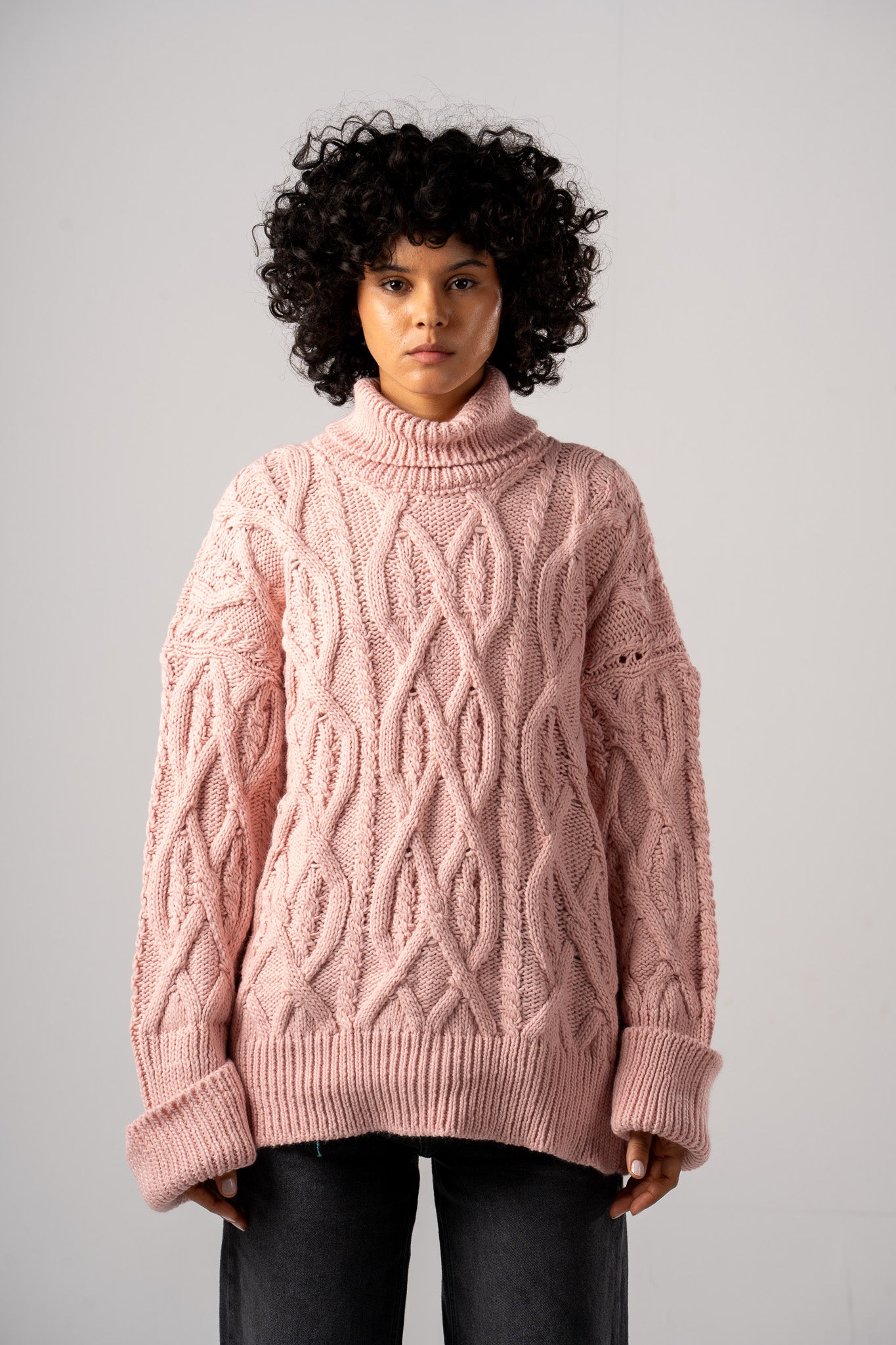 Rose Chunky Mock Neck Cable Pullover